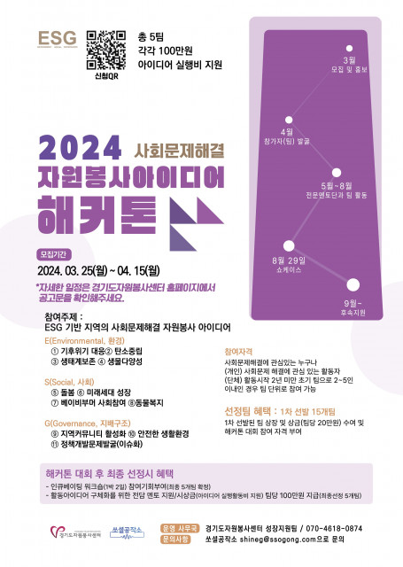 ‘2024 사회문제해결 자원봉사 아이디어 해커톤’ 참가자 모집 포스터/제공=경기도자원봉사센터
